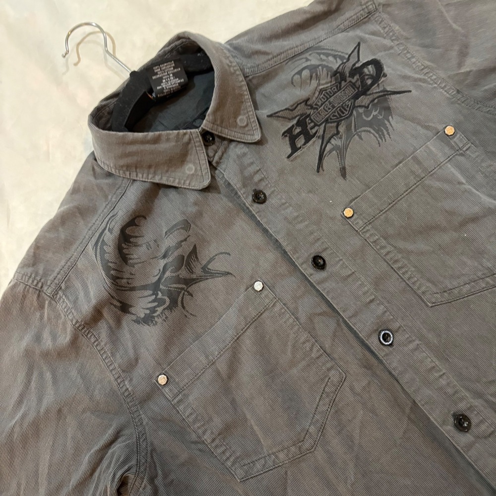 Harley Davidson Mens Gray Short Sleeve Button Up Shirt Eagle Scorpion Graphic L‎